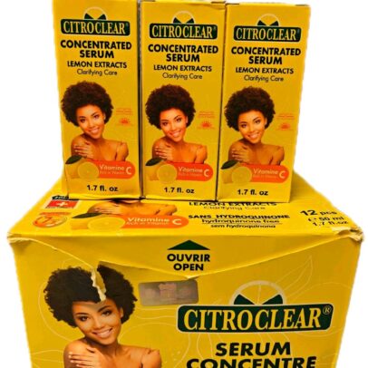 Citro Clear Serum is a concentrated oil serum, often lemon-based, designed to address uneven skin tone, dark spots, and discoloration. It's formulated to lighten dark areas like knuckles, elbows, knees, and ankles, and can also be used to fade stretch marks and pigmentation. It's typically mixed with a lotion or cream for application and can be used on specific areas or all over the body.